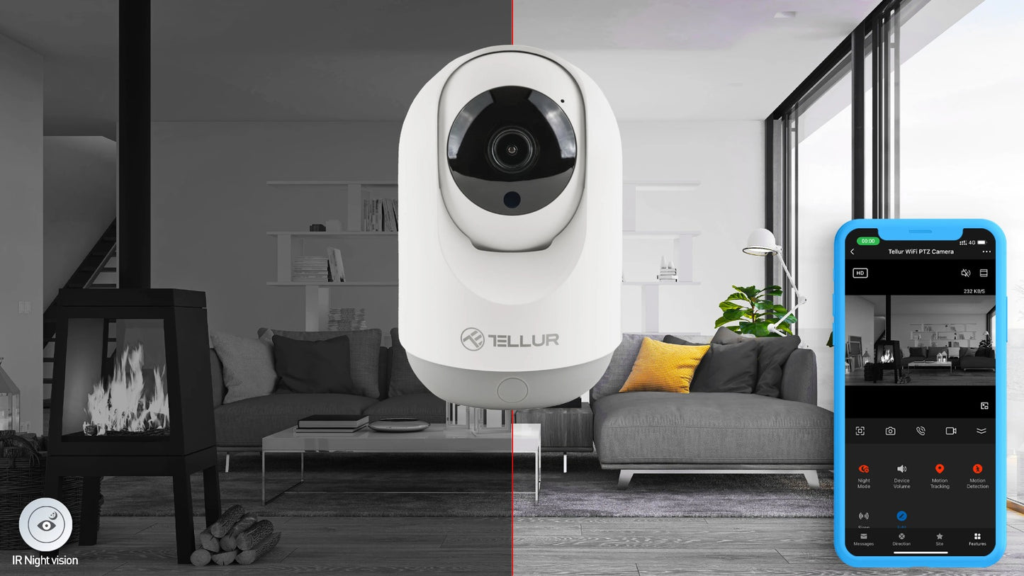 Camera de supraveghere Tellur Smart Wi-Fi Interior, 3MP, UltraHD, PTZ, Autotraking, Night Vision, Detectarea miscarilor, Two-Way Audio, Alarma sonora, Pan 360 grade, Control Vocal, Stocare Cloud, Alb - iSTYLE RO