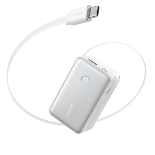 Baterie externa Anker Nano 10.000 mAh 45W, cablu USB-C retractabil, Alb