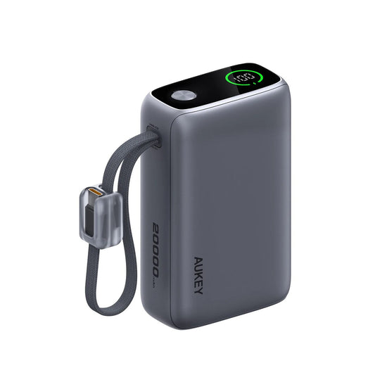 Baterie externa AUKEY cu doua cabluri USB-C detasabile, 20000 mAh, 65W, Gri