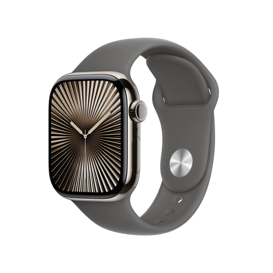Apple Watch Series 10 GPS + Cellular, 42mm Natural Titanium Case, Stone Grey Sport Band - S/M - iSTYLE RO