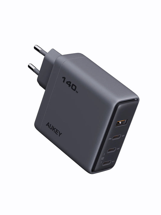 Adaptor priza AUKEY, 140W, GaN, 4 porturi, Gri