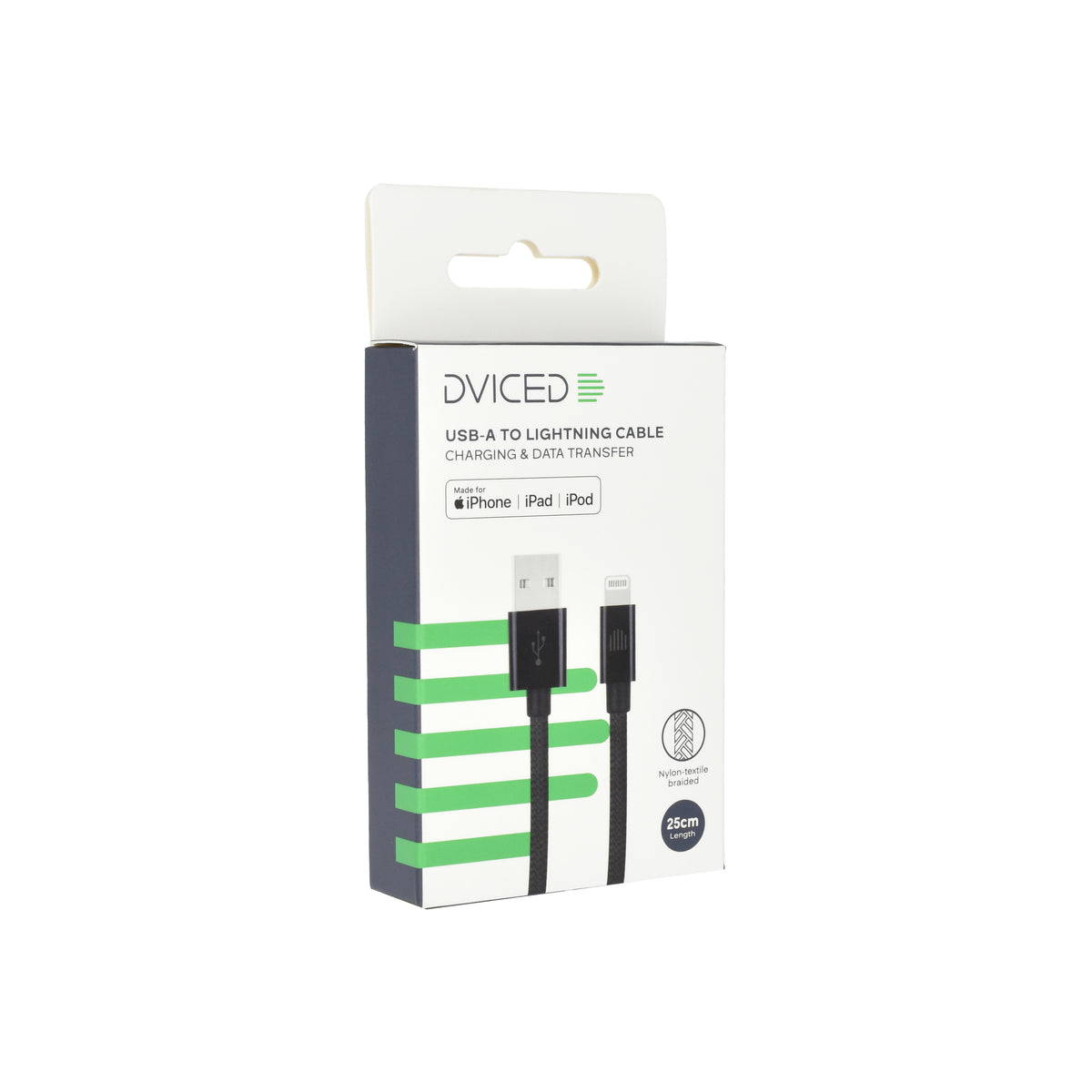 Cablu de date Dviced USB-A la Lightning Nylon Textile 0.25m, Negru - iSTYLE RO