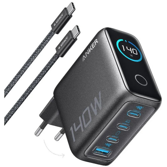Adaptor priza Anker 140W Digital Display 3x USB-C 1x USB-A PD 3.1, cablu USB-C inclus, Negru