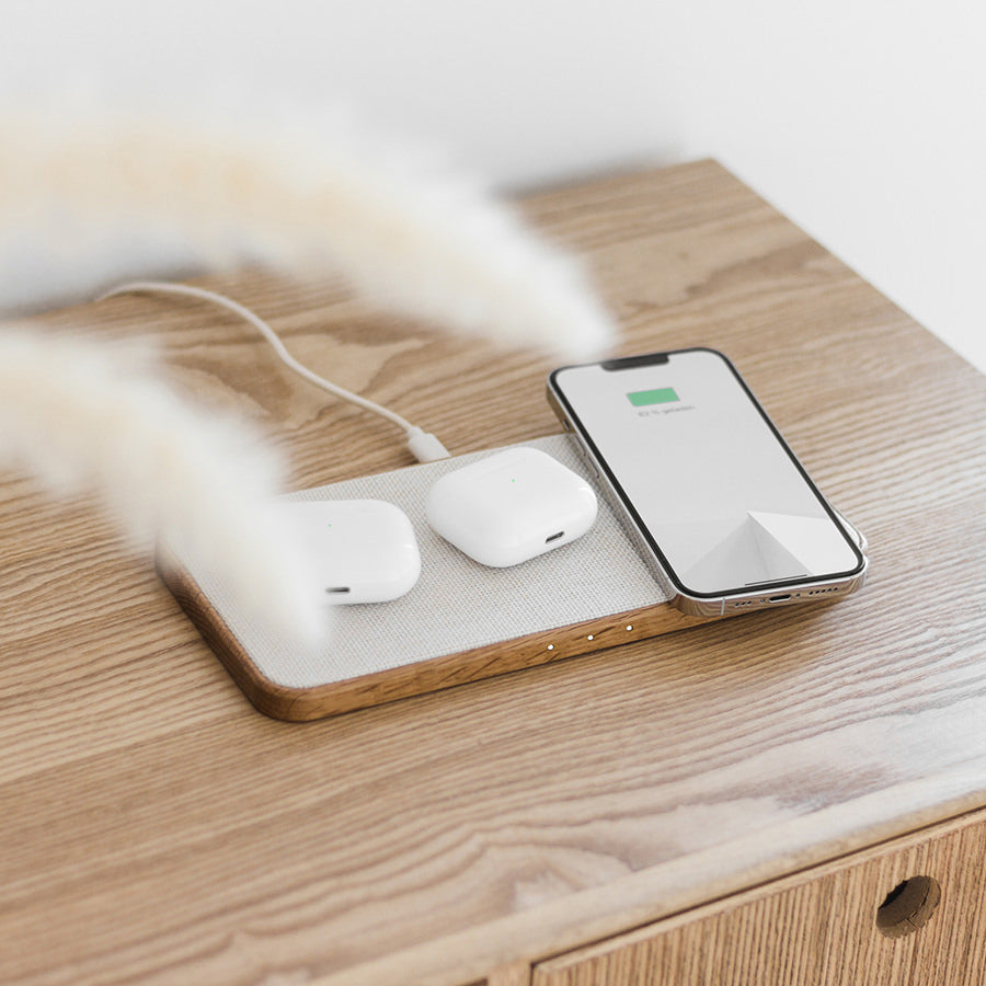 Statie de incarcare Woodcessories MultiPad Wireless 3in1, Oak/Fabric - iSTYLE RO