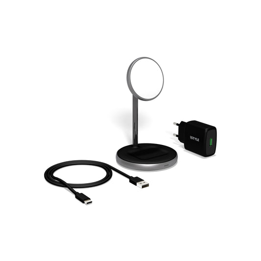 Incarcator iSTYLE Magnetic 2in1 Wireless, compatibil MagSafe, 15W/10W/7,5W + 18W QC, Negru - iSTYLE RO