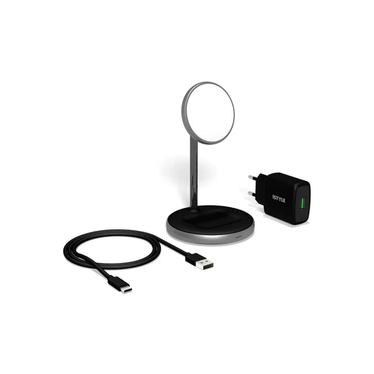 Incarcator iSTYLE Magnetic 2in1 Wireless, compatibil MagSafe, 15W/10W/7,5W + 18W QC, Negru - iSTYLE RO