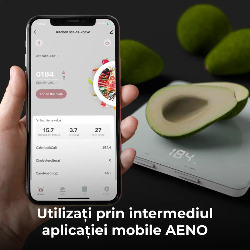 Cantar de bucatarie Aeno, control electronic, tara si RNI, sincronizare cu aplicatie Aeno prin Bluetooth 4.2, analiza nutritiei alimentelor (calorii, proteine, grasimi, colesterol) 8kg, 1g, display LED, Alb - iSTYLE RO