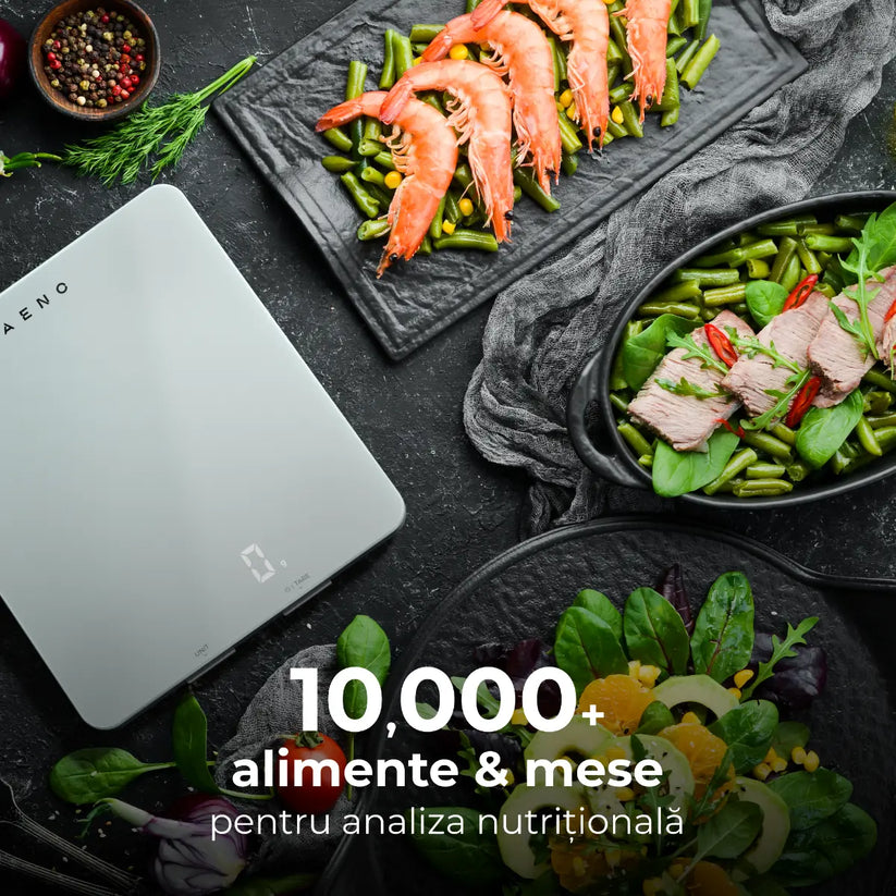 Cantar de bucatarie Aeno, control electronic, tara si RNI, sincronizare cu aplicatie Aeno prin Bluetooth 4.2, analiza nutritiei alimentelor (calorii, proteine, grasimi, colesterol) 8kg, 1g, display LED, Alb - iSTYLE RO