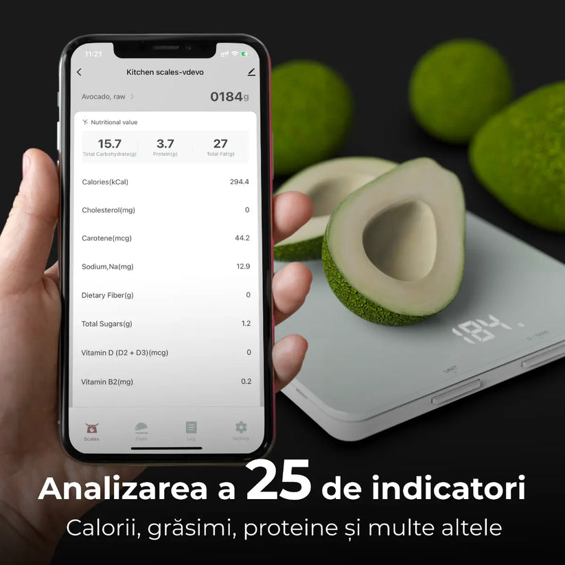 Cantar de bucatarie Aeno, control electronic, tara si RNI, sincronizare cu aplicatie Aeno prin Bluetooth 4.2, analiza nutritiei alimentelor (calorii, proteine, grasimi, colesterol) 8kg, 1g, display LED, Alb - iSTYLE RO