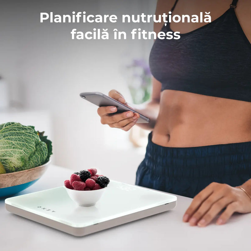 Cantar de bucatarie Aeno, control electronic, tara si RNI, sincronizare cu aplicatie Aeno prin Bluetooth 4.2, analiza nutritiei alimentelor (calorii, proteine, grasimi, colesterol) 8kg, 1g, display LED, Alb - iSTYLE RO