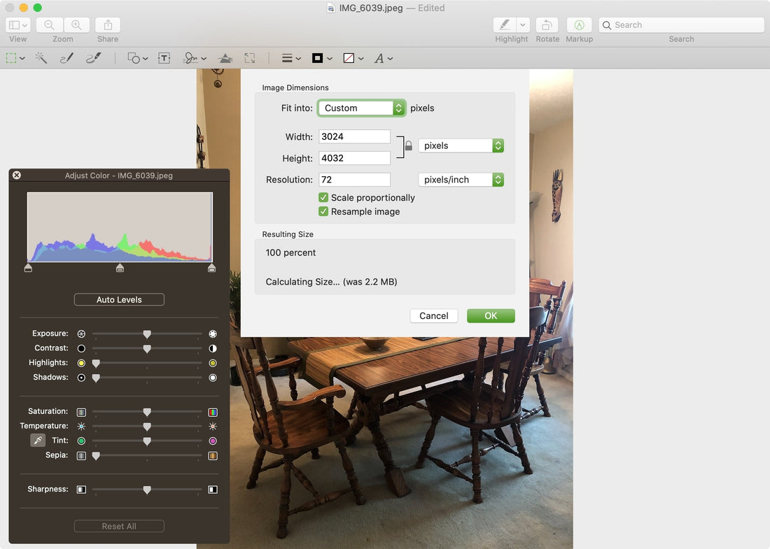 Cum se utilizeaza instrumentele pentru culori si dimensiuni in aplicatia Preview pe Mac