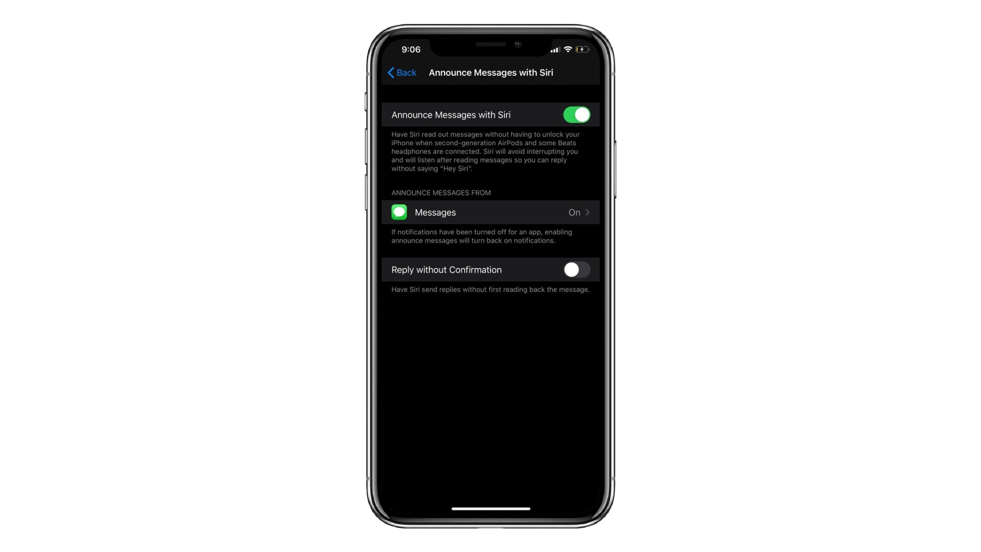 meniu announce message with siri pe iphone