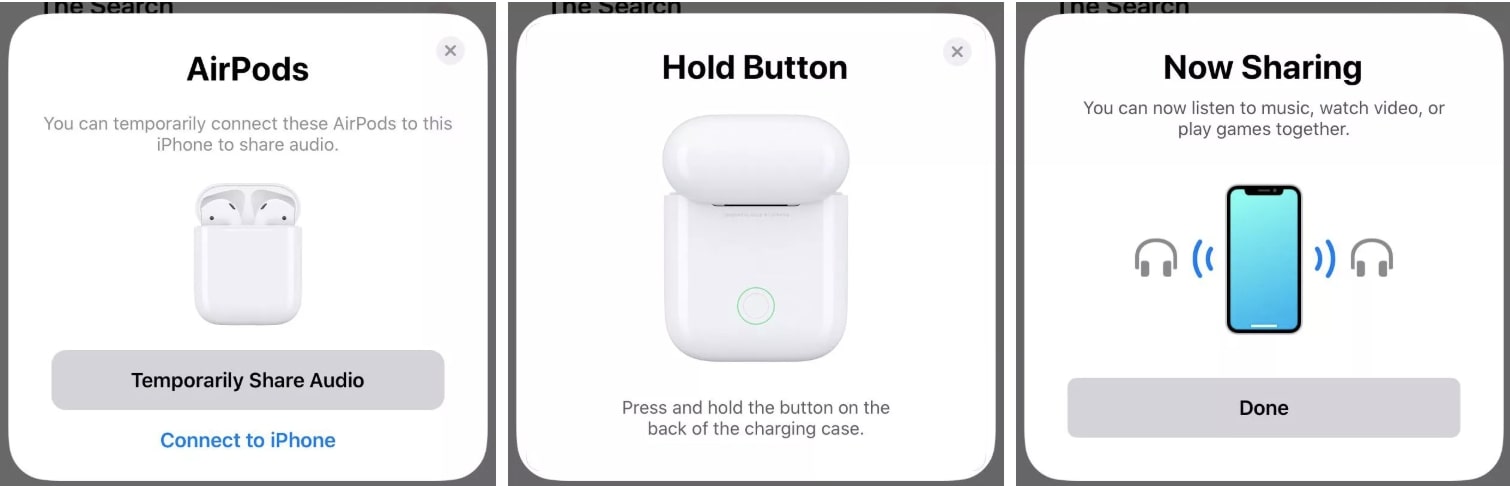 Fazele conectarii: airpods, hold button, now sharing