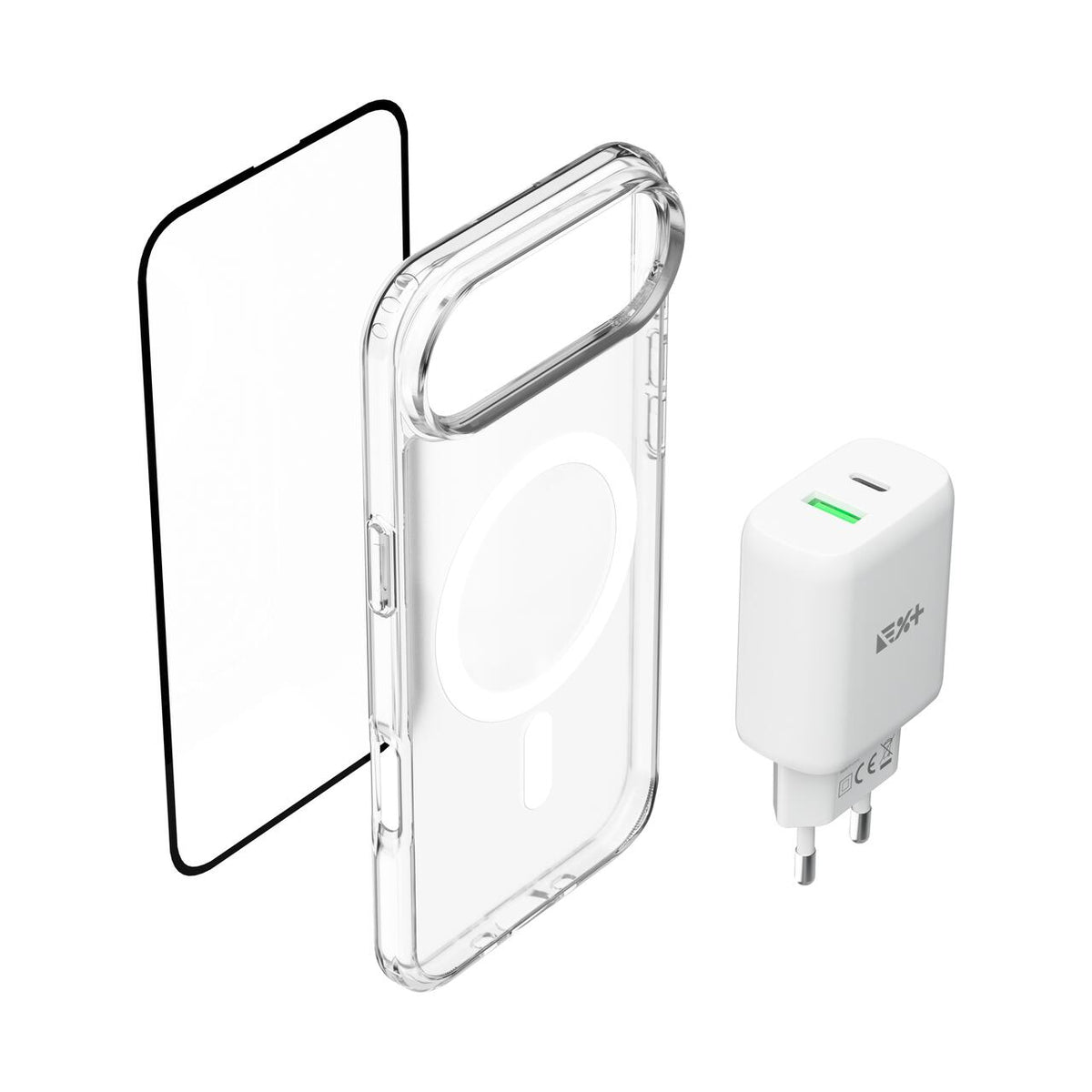 Pachet: Adaptor de priza NOA 30W, Folie de protectie pentru ecran si husa transaprenta pentru iPhone Air