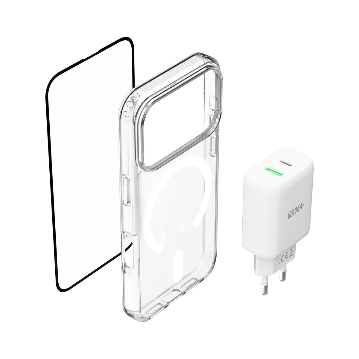 Pachet: Adaptor de priza NOA 30W, Folie de protectie pentru ecran si husa transaprenta pentru iPhone 17 Pro