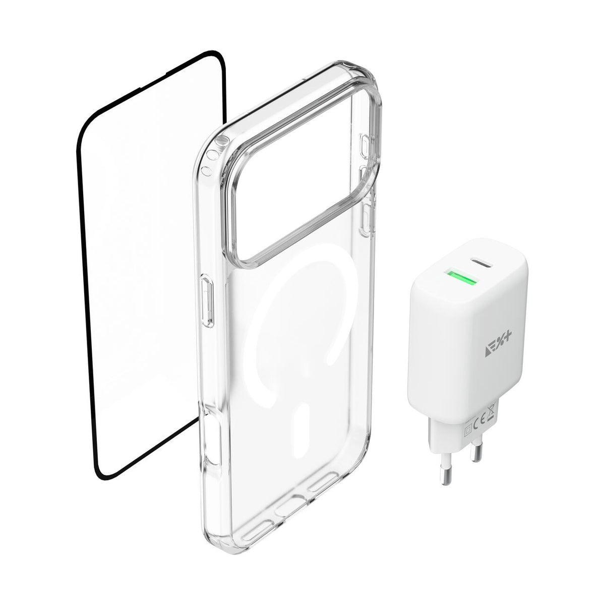 Pachet: Adaptor de priza NOA 30W, Folie de protectie pentru ecran si husa transaprenta pentru iPhone 18 Pro
