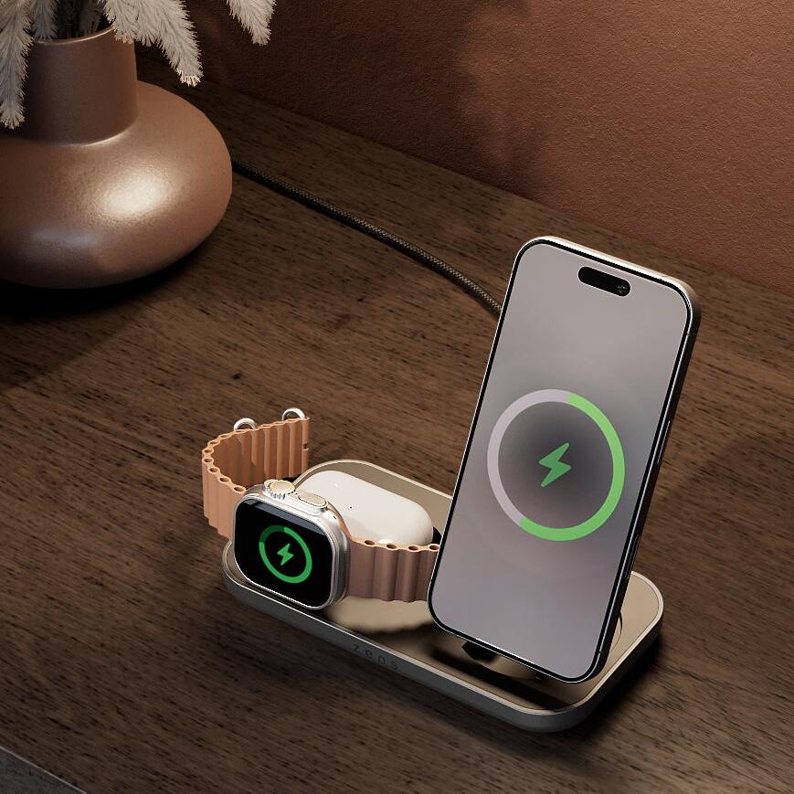 Incarcator wireless pliabil ZENS Duo Charger Pro 3, 3-in-1, Qi 2.2, Negru