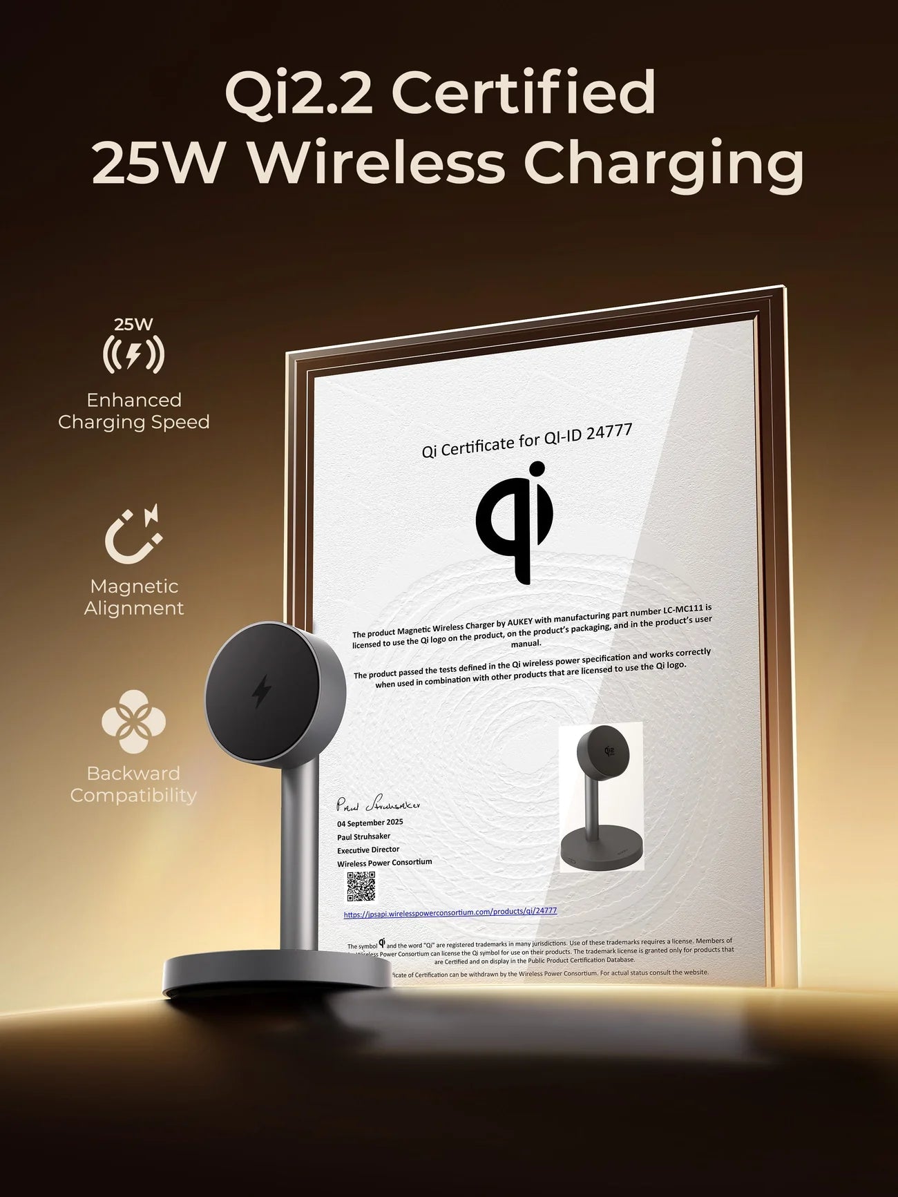Incarcator wireless AUKEY 1X, Qi2.2, Unghi ajustabil, Negru