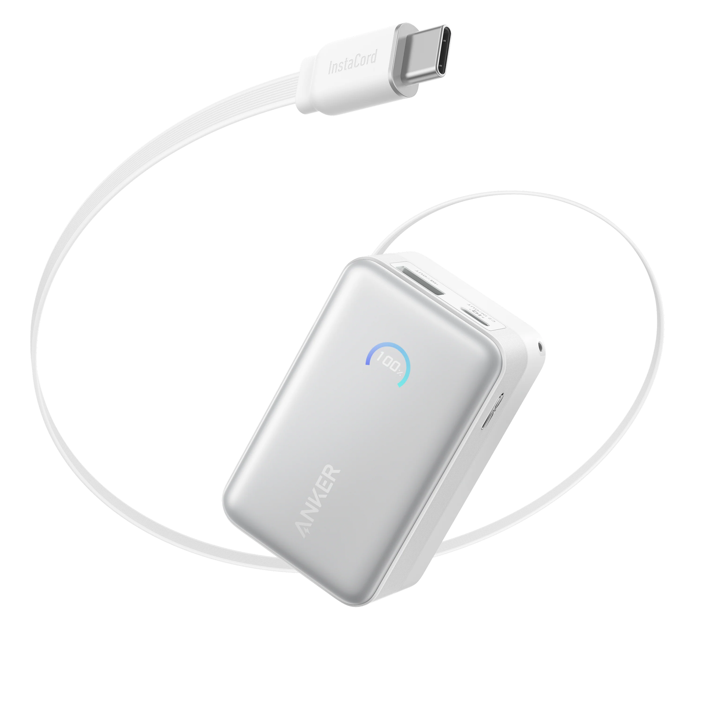 Baterie externa Anker Nano 10.000 mAh 45W, cablu USB-C retractabil, Alb