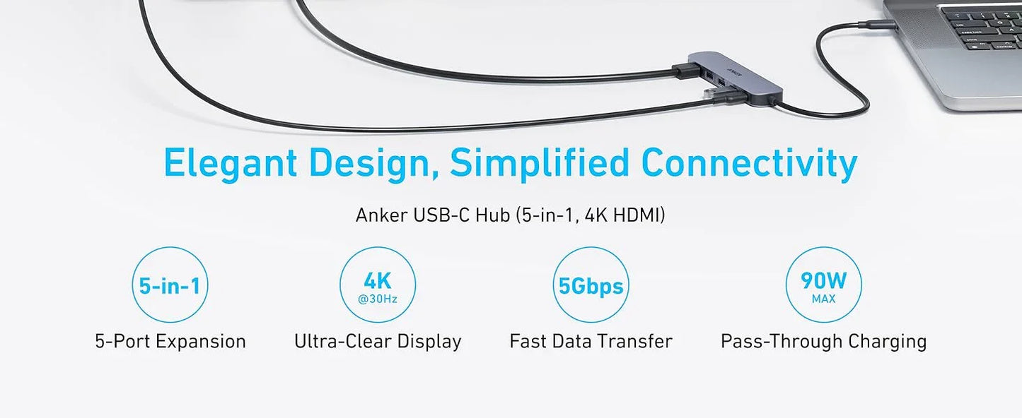 Adaptor Hub Anker USB-C 5-in-1 HDMI 4K@30Hz PD 90W Gri