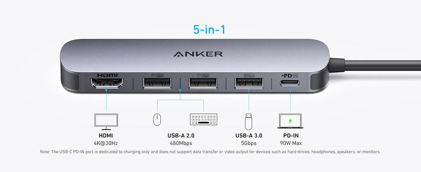 Adaptor Hub Anker USB-C 5-in-1 HDMI 4K@30Hz PD 90W Gri