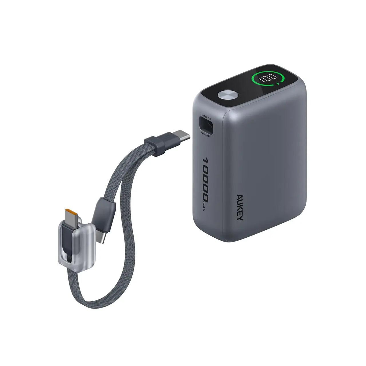Baterie externa AUKEY cu doua cabluri USB-C detasabile, 10000 mAh, 45W, Gri