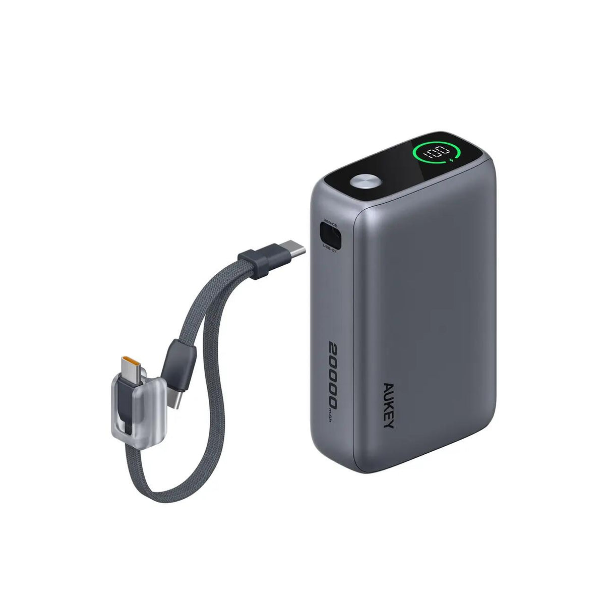 Baterie externa AUKEY cu doua cabluri USB-C detasabile, 20000 mAh, 65W, Gri