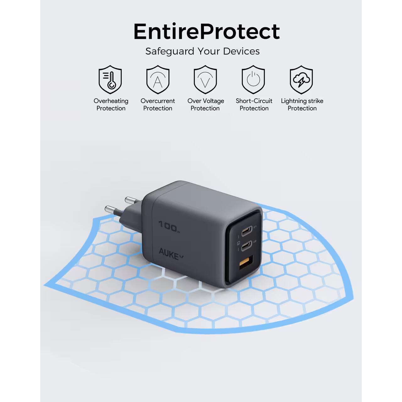 Adaptor priza AUKEY Comet Mix 3, 100W, Gri