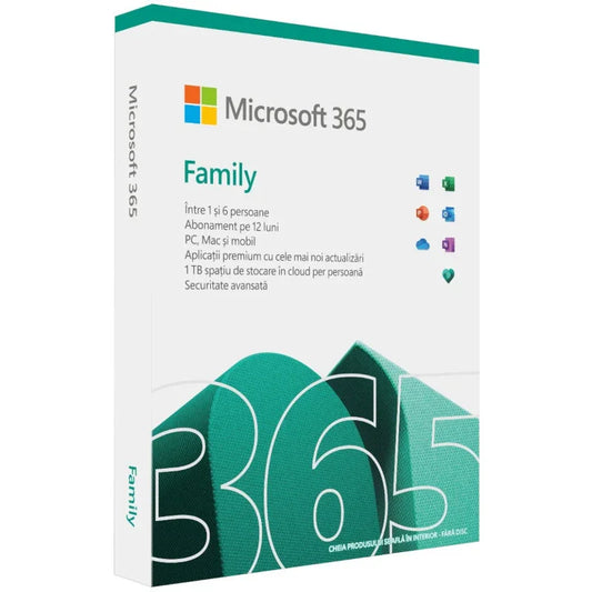 Microsoft 365 Family 64-bit, Engleza, Subscriptie 1 an, 6 Utilizatori, Medialess Retail - iSTYLE RO