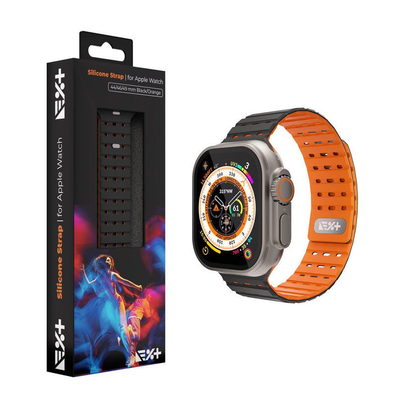 Curea NEXT ONE pentru Apple Watch 46/49 mm, Silicon, Negru/Portocaliu - iSTYLE RO