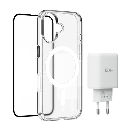 Pachet: Adaptor de priza NOA 30W, Folie de protectie pentru ecran si husa transaprenta pentru iPhone 17