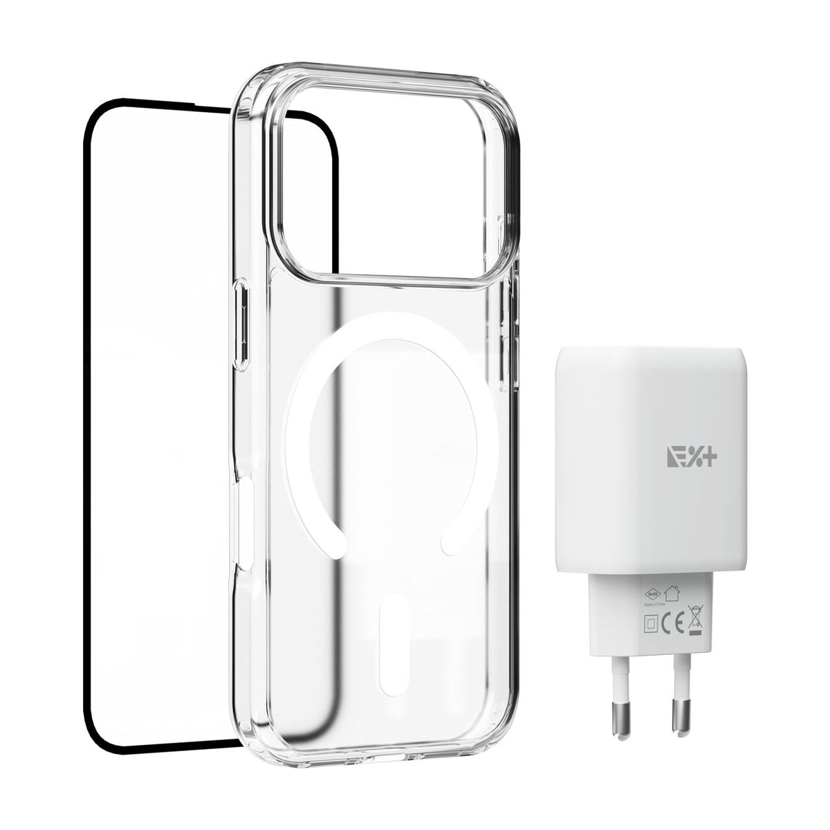 Pachet: Adaptor de priza NOA 30W, Folie de protectie pentru ecran si husa transaprenta pentru iPhone 17 Pro