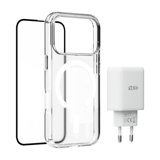Pachet: Adaptor de priza NOA 30W, Folie de protectie pentru ecran si husa transaprenta pentru iPhone 17 Pro