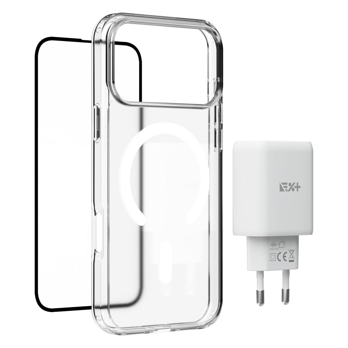 Pachet: Adaptor de priza NOA 30W, Folie de protectie pentru ecran si husa transaprenta pentru iPhone 17 Pro Max