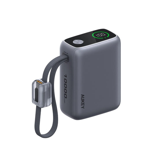 Baterie externa AUKEY cu doua cabluri USB-C detasabile, 10000 mAh, 45W, Gri