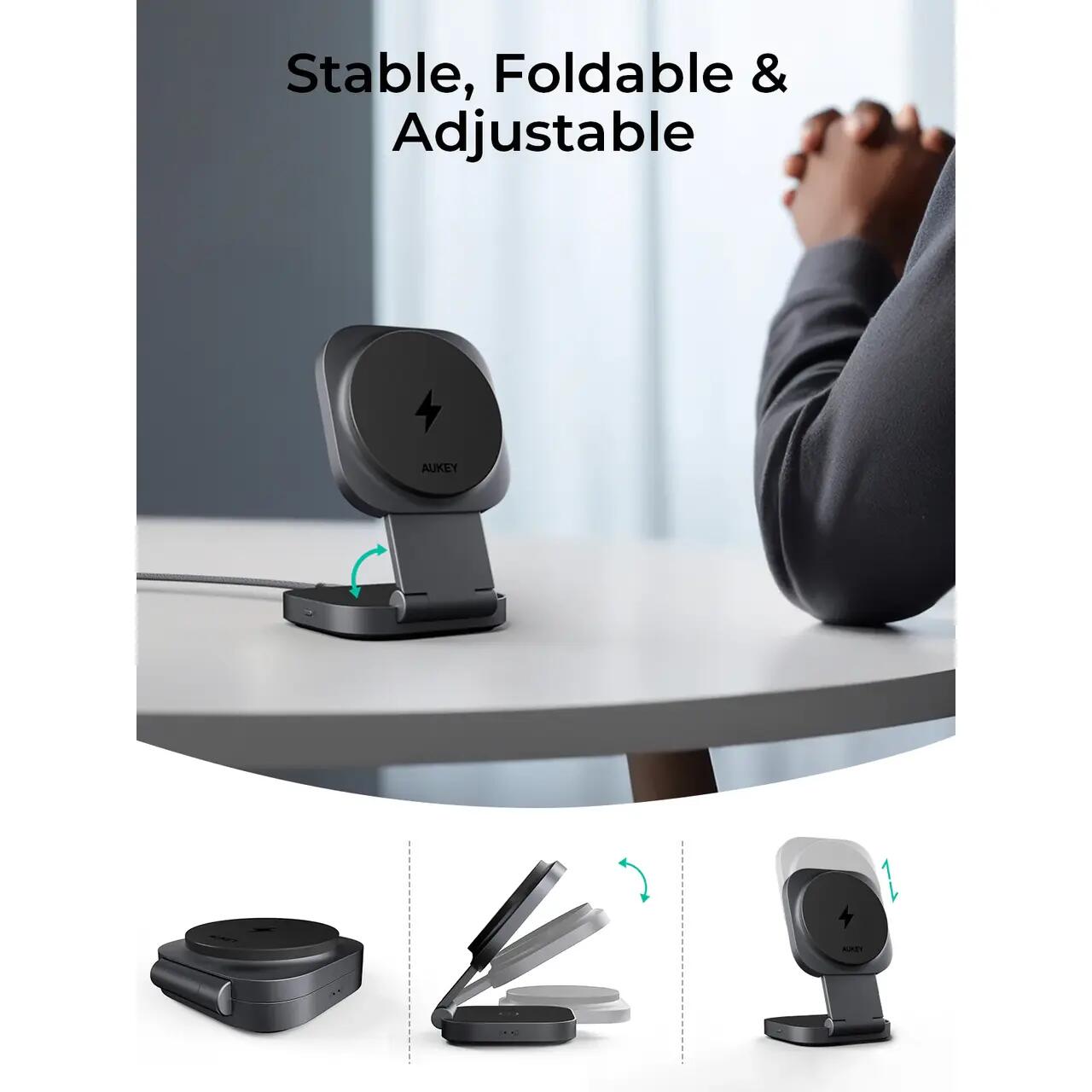 Statia de incarcare wireless AUKEY MagFusion L 2-in-1 Foldable Qi2 Magnetic Fast Wireless Charging Station