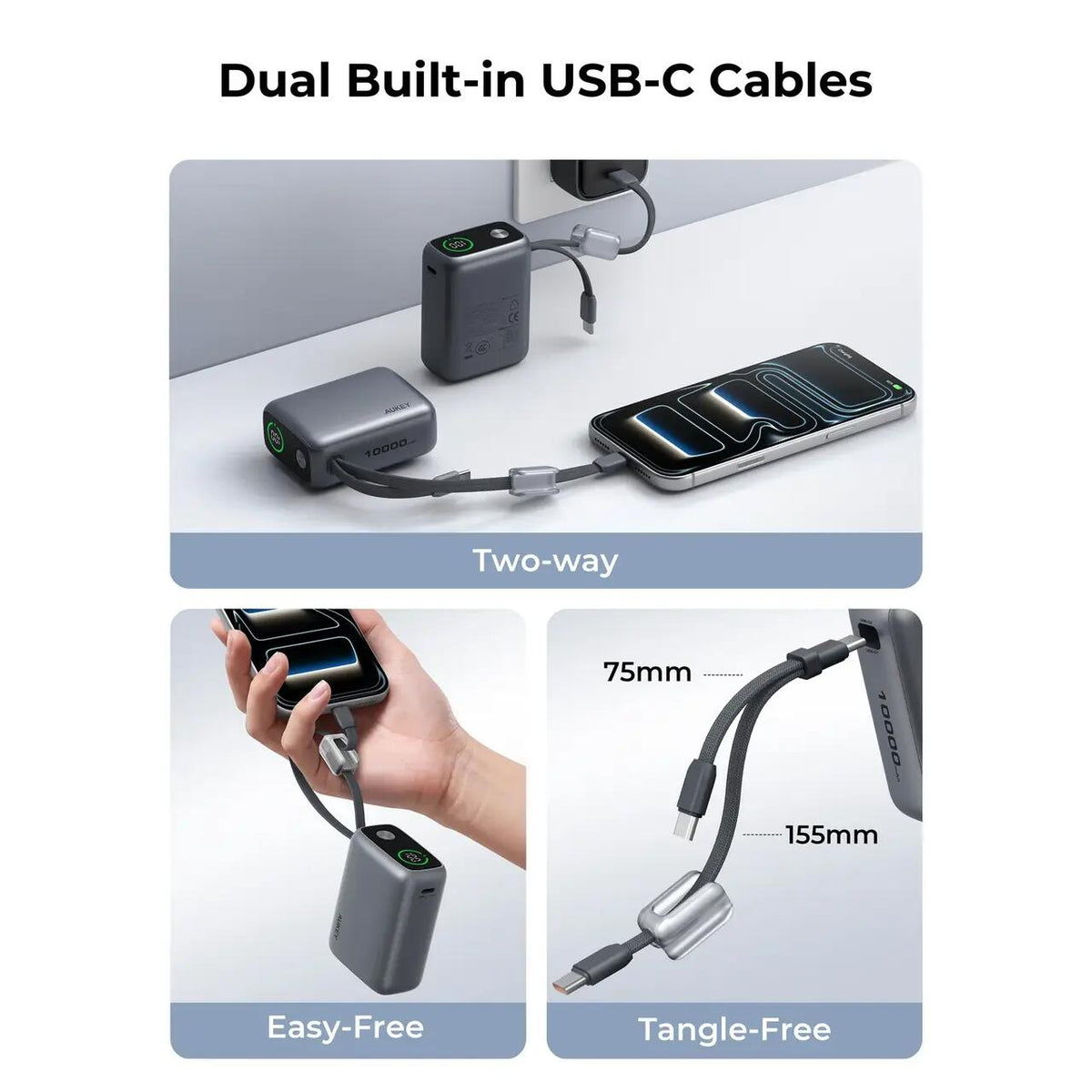 Baterie externa AUKEY cu doua cabluri USB-C detasabile, 10000 mAh, 45W, Gri