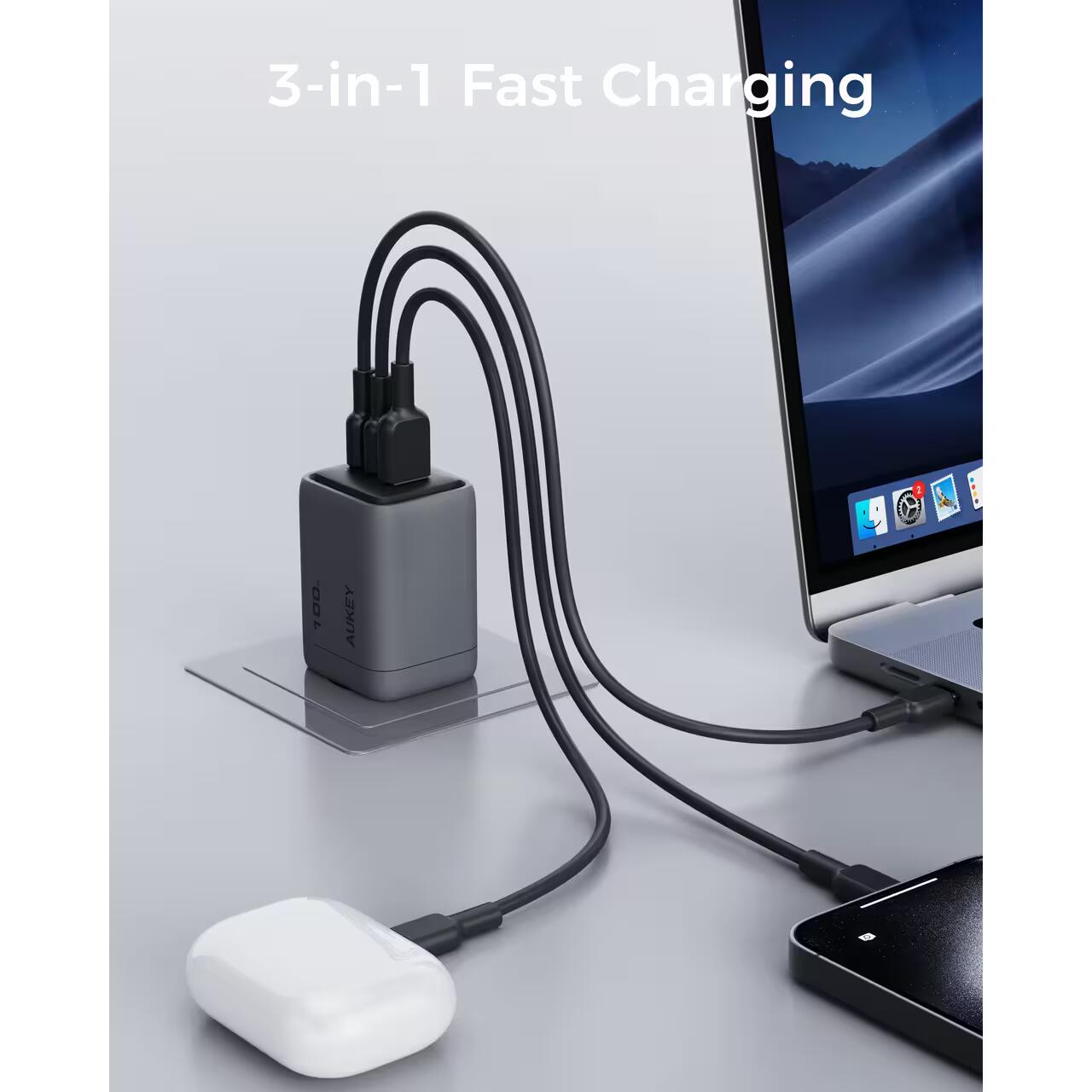 Adaptor priza AUKEY Comet Mix 3, 100W, Gri