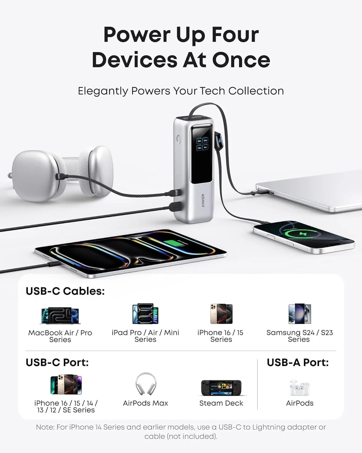Baterie externa Anker 25000 mAh 165W cablu USB-C retractabil argintiu