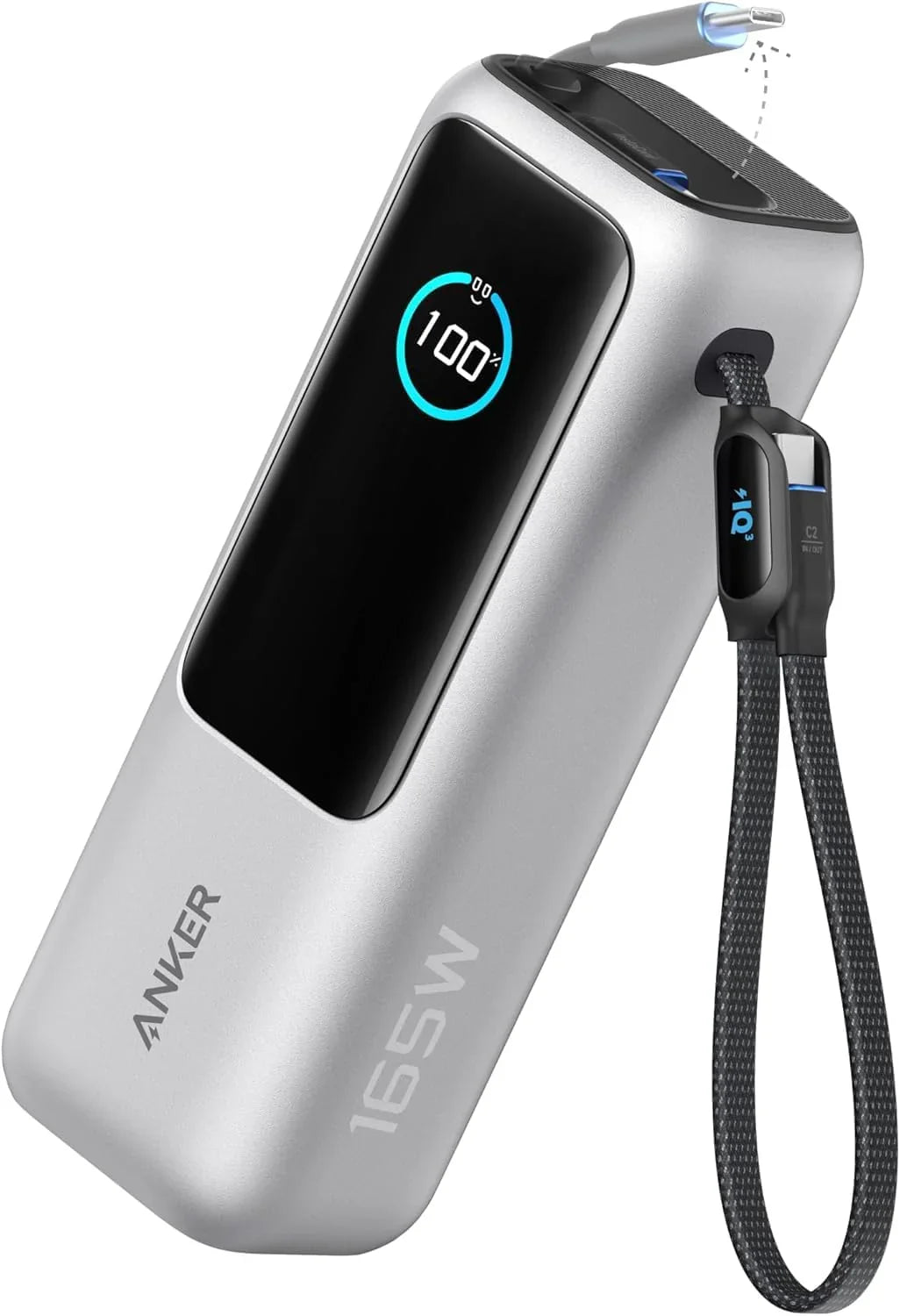 Baterie externa Anker 25000 mAh 165W cablu USB-C retractabil argintiu