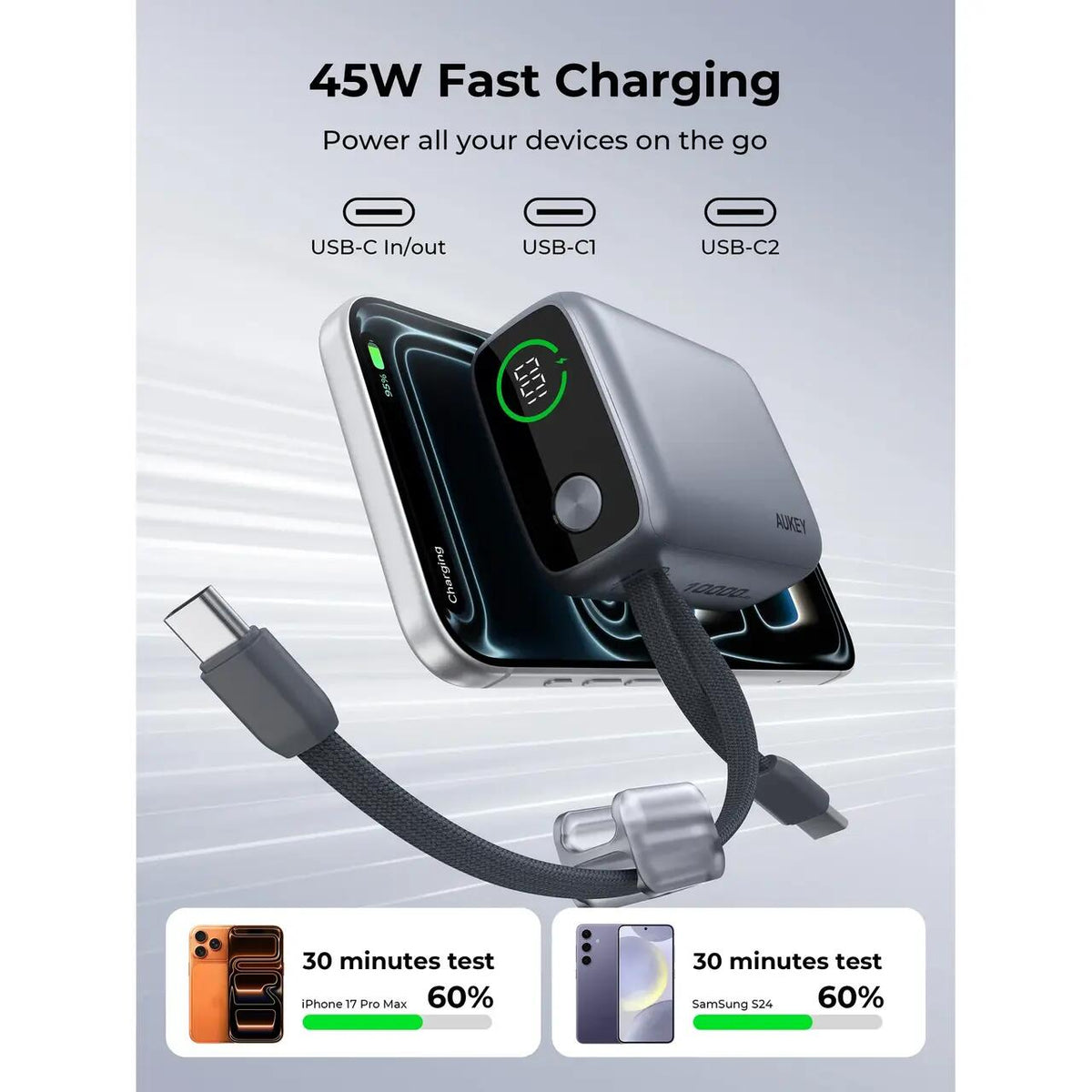 Baterie externa AUKEY cu doua cabluri USB-C detasabile, 10000 mAh, 45W, Gri