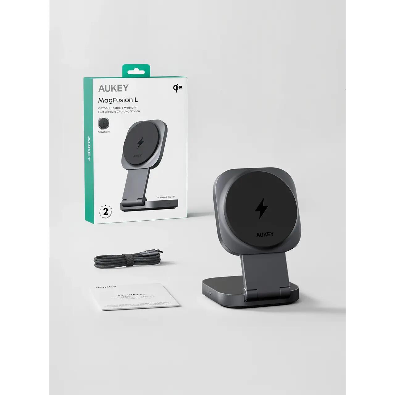 Statia de incarcare wireless AUKEY MagFusion L 2-in-1 Foldable Qi2 Magnetic Fast Wireless Charging Station