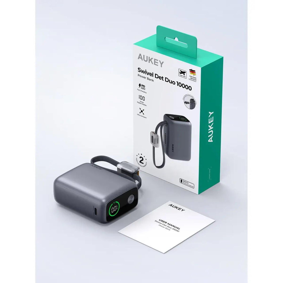 Baterie externa AUKEY cu doua cabluri USB-C detasabile, 10000 mAh, 45W, Gri