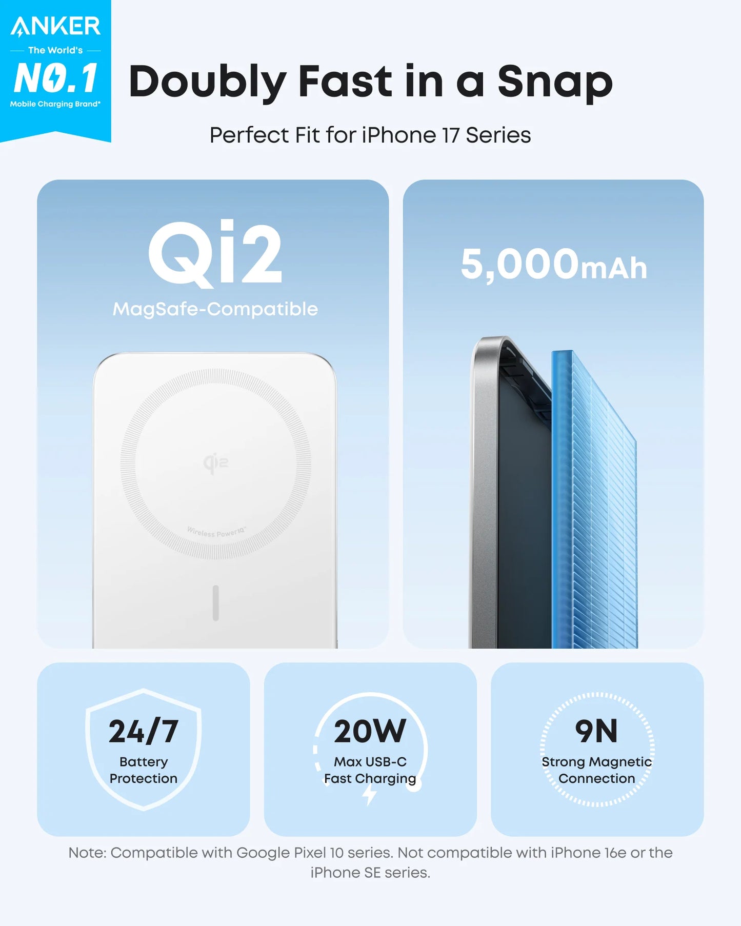 Baterie externa wireless Anker Nano MagSafe, 5.000 mAh, Ultra-Slim, 15W, Alb