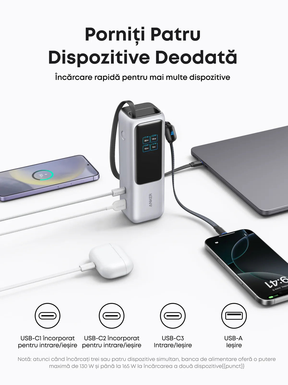 Baterie externa Anker 25000 mAh 165W cablu USB-C retractabil argintiu