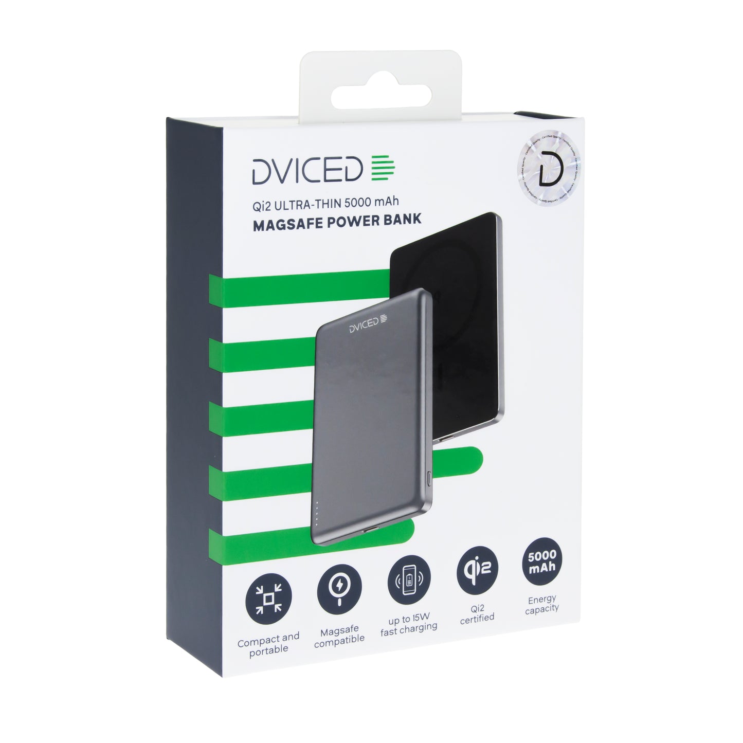 Baterie externa DVICED ultrasubtire, 5.000 mAh, Qi2, MagSafe, Negru-Gri