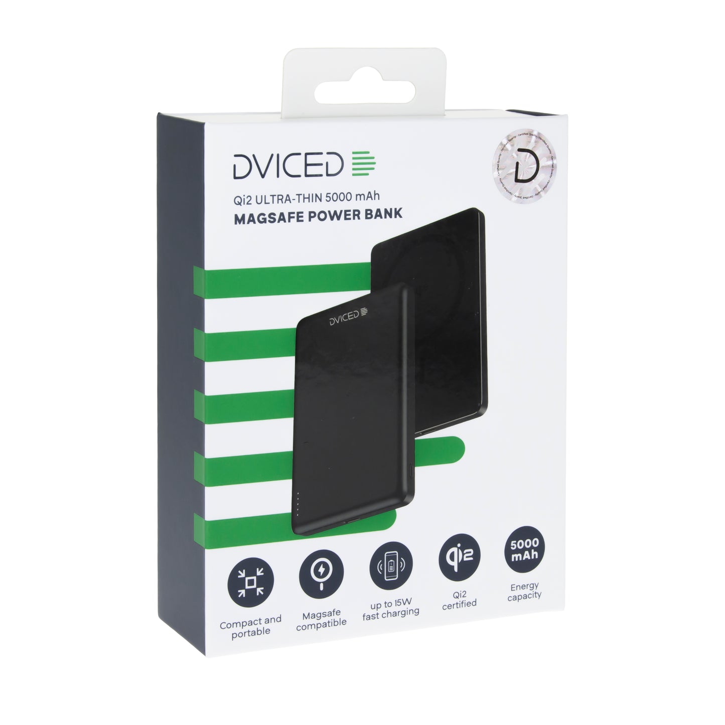 Baterie externa DVICED ultrasubtire, 5.000 mAh, Qi2, MagSafe, Negru