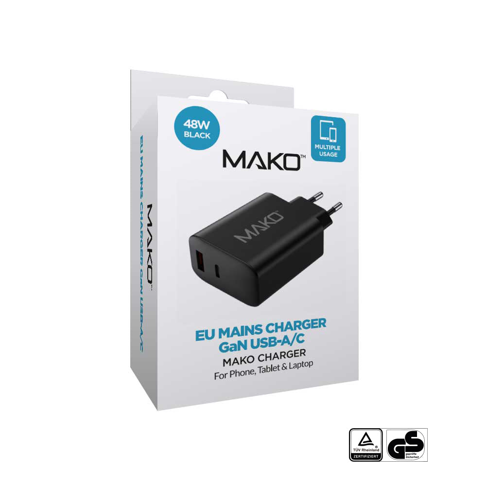 Adaptor priza Mako 48W GaN2 EU Mains Charger USB-C/USB-A Negru