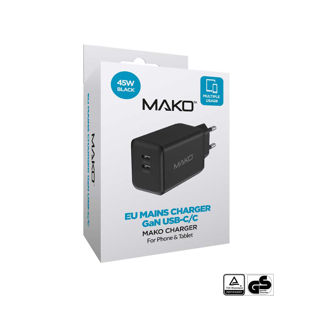 Adaptor priza Mako 45W GaN2 EU Mains Charger USB-C/USB-C Negru