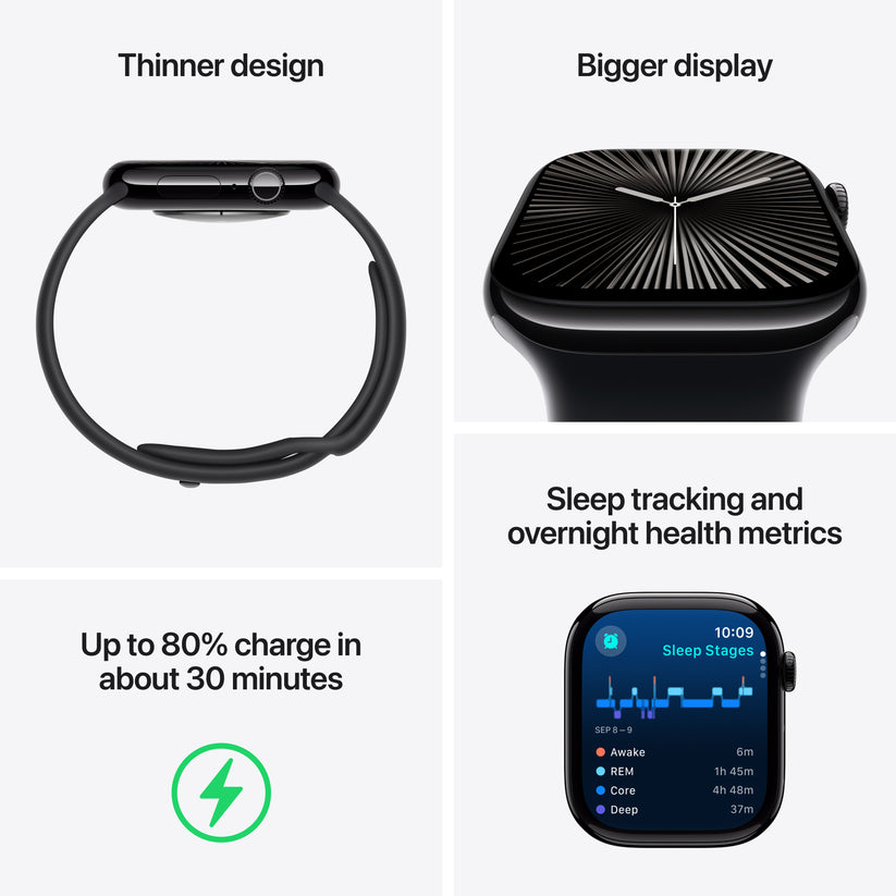 Apple Watch Series 10 GPS, 42mm Jet Black Aluminium Case, Black Sport Band - S/M - iSTYLE RO